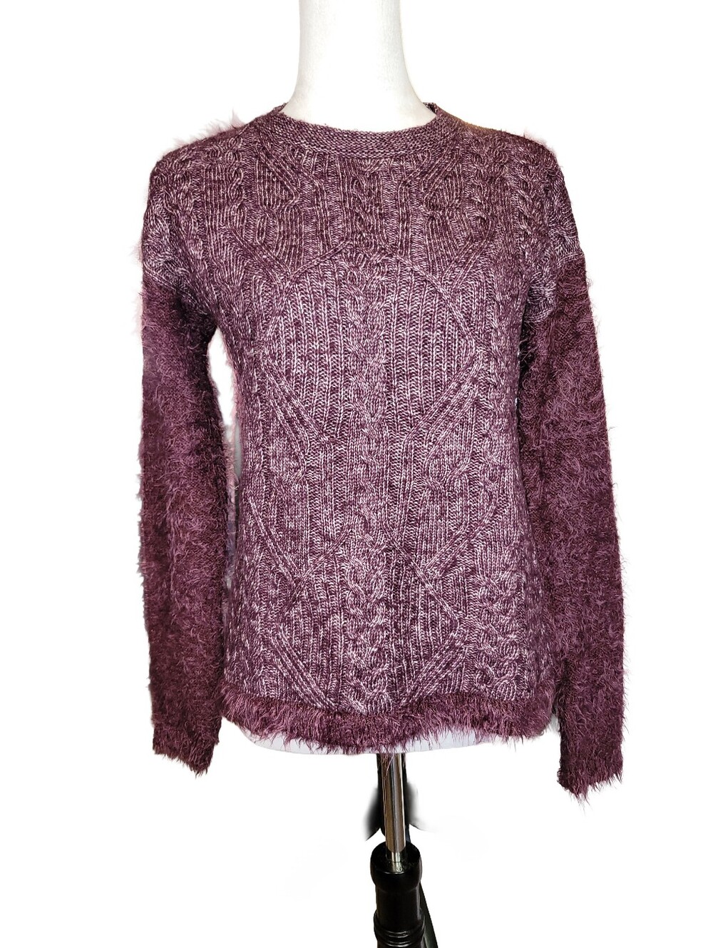 Conbipel  Plum Cable Knit Crew Neck Sweater Eyelash Knit Sleeves & Back Size Med
